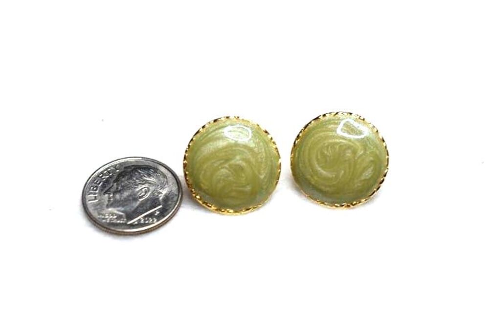 Vintage 1960's Lt Green Swirl Enamel Inlay Gold Tone Post Earrings